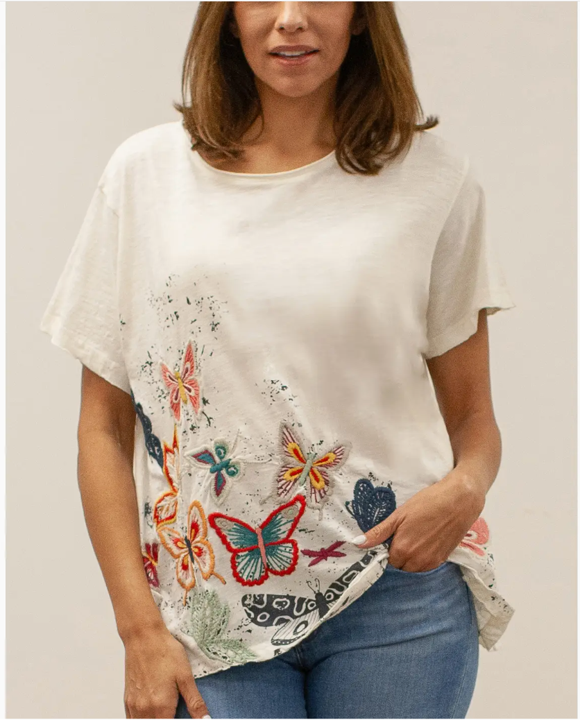 Embroidered White Butterfly T-Shirt