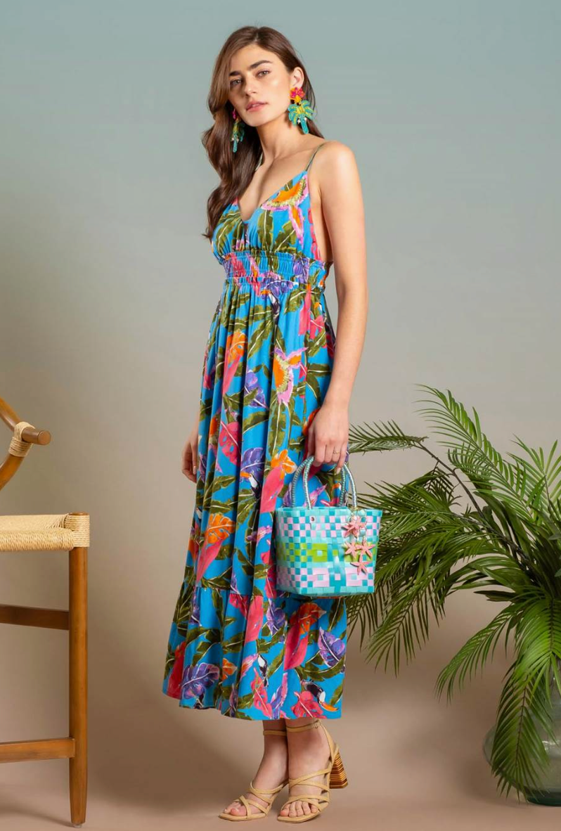 Tropical print v-neck midi dress